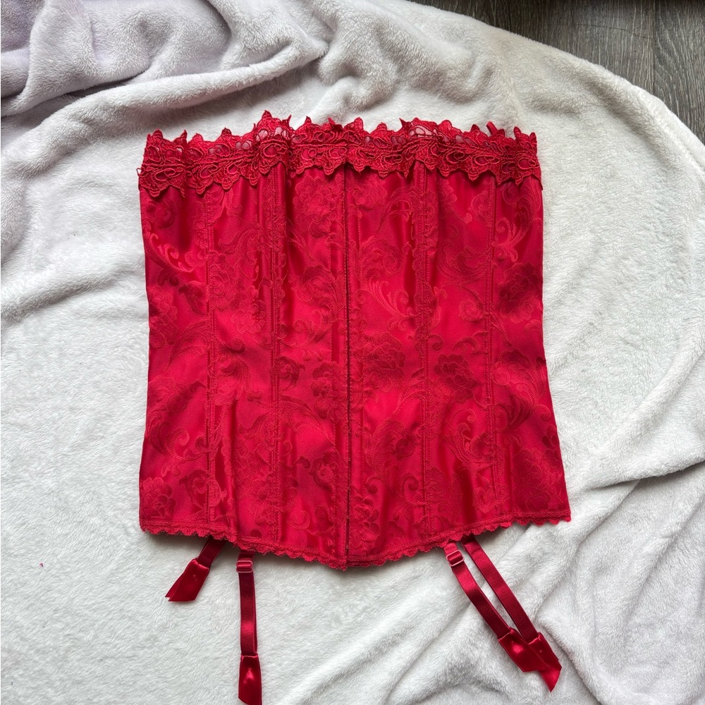 vintage frederick’s of hollywood red corset with floral design and lace trim